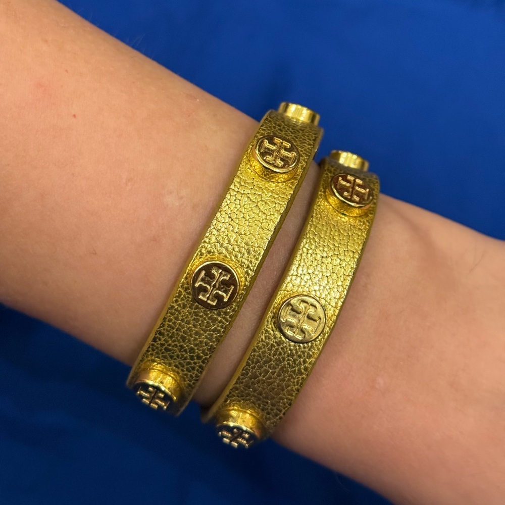 Tory Burch Gold Leather Wrap Around Stud Logo Bracelet